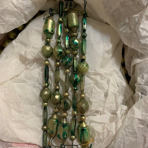 Antique Mercury Glass Bead Christmas Garland, Two shades of green plus ornaments - Picture 3 of 6